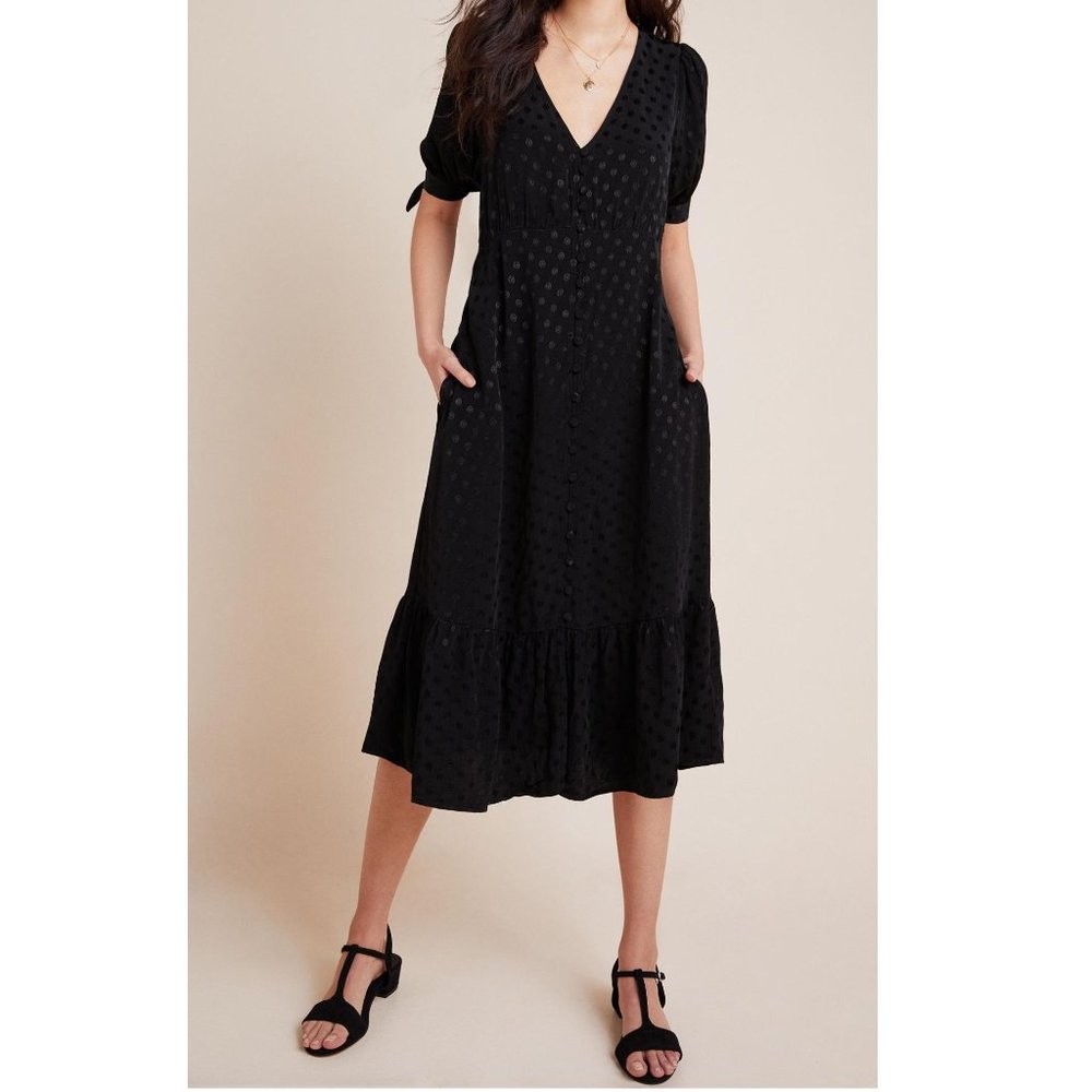 Anthropologie Maeve Eudora Midi Dress Black w/ Dot Print - Size 00 Petite 00P